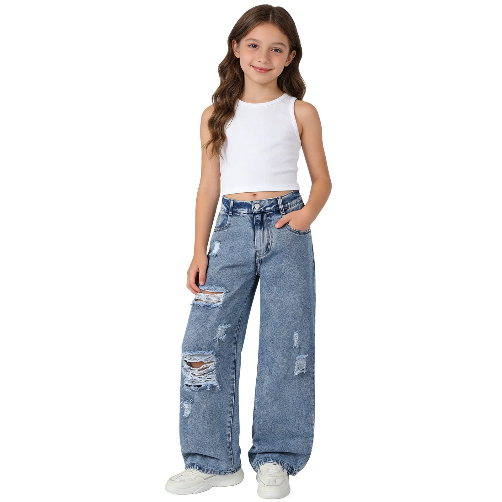 Pantalon en jean ample filles ado avec franges design denim décontracté et souple - 7