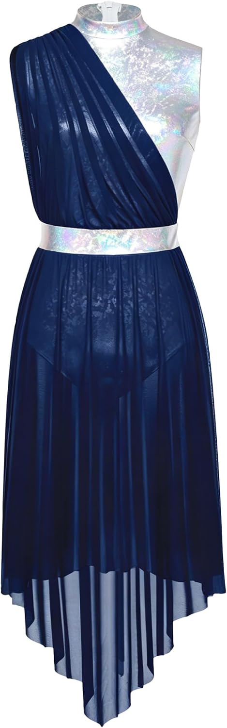 Women Metallic Liturgical Praise Dance Dresses Irregular Flowy Mesh Dress Lyrical Worship Dance Dress