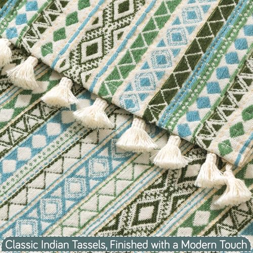 Image of HOKIPO L Shape (2+2 Seater) Sofa Cover Seat Mat | 300 GSM Cotton Acrylic Jacquard Fabric with Tassel, 'Trivana Series' Olive Green (IN-934+935-J1)