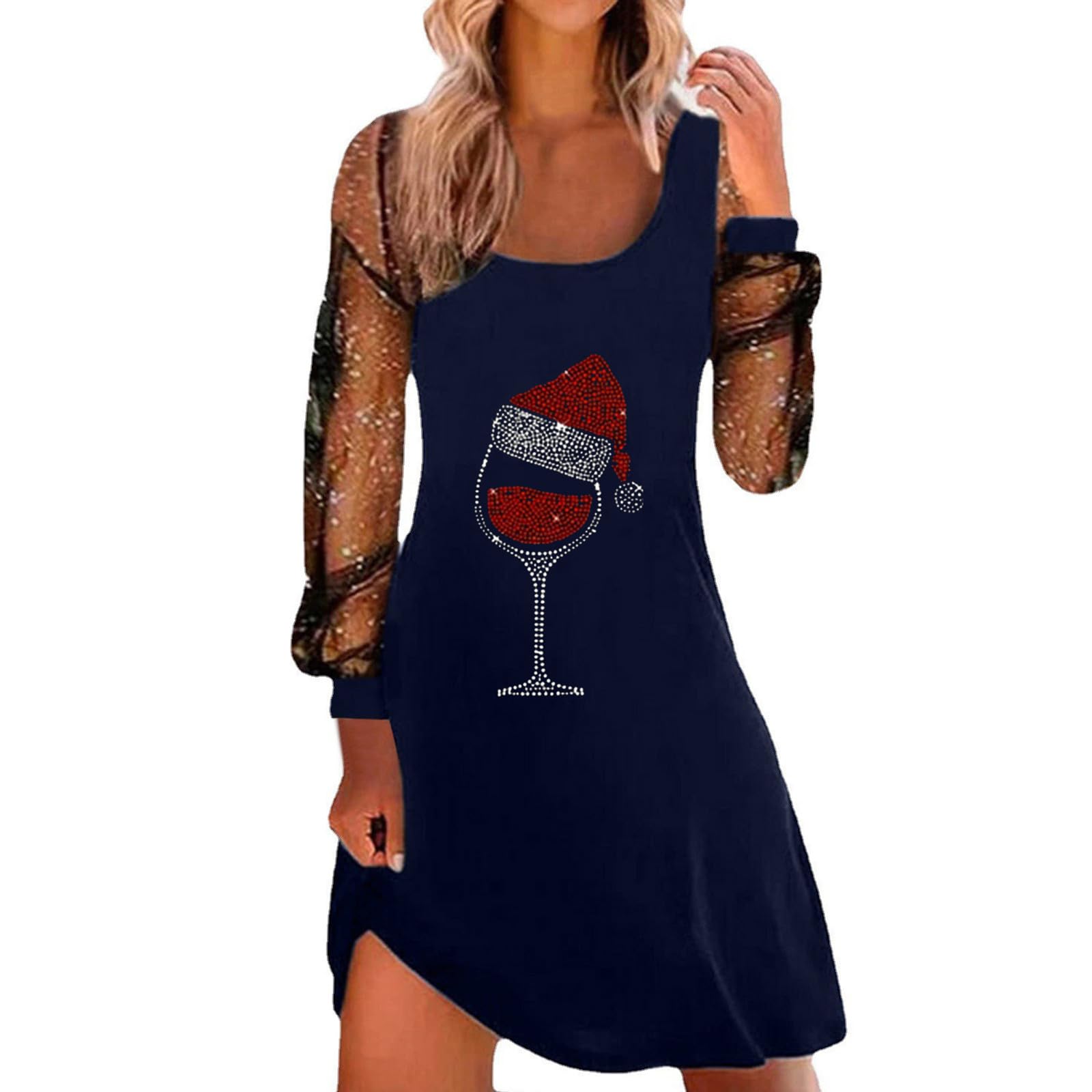 Women Christmas Dresses UK Sexy Spaghetti Strap Tank Dress with Mesh Long Sleeve Santa Xmas Dresses Plus Size Women's Soft Santa Costume for Chirstmas Party Prom