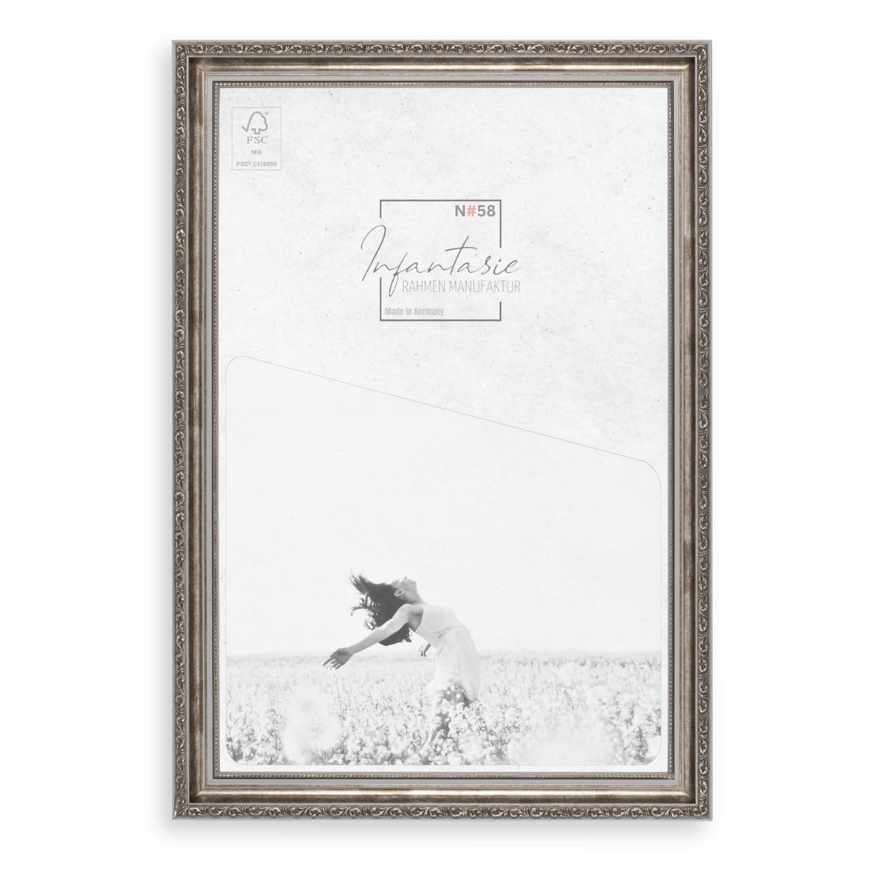 N°58 Barock Bilderrahmen 40x50 cm Bildmaß, Grau Silber | breite Echtholz-Profilleiste, Acrylglas glasklar & bruchsicher, Vintage-Stil, HDF-Rückwand, Metallaufhänger, handgefertigt