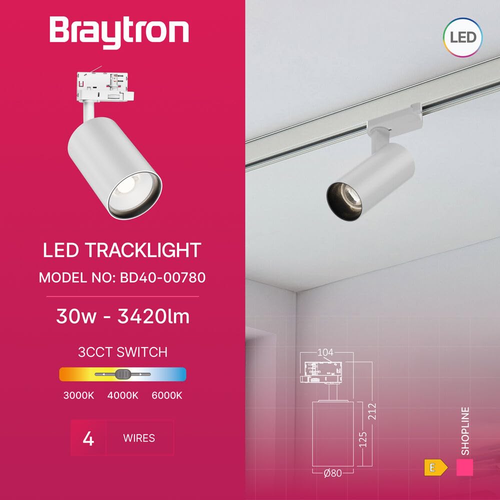 Braytron LED-Schienenstrahler 30 Watt 3-Phasen 4-Draht Dreh- und schwenkbares Schienenlicht 3CCT Warmweiß -Kaltweiß 3420 lm Aluminium Deckenleuchte für Innenbeleuchtung Schienensystem in weiß