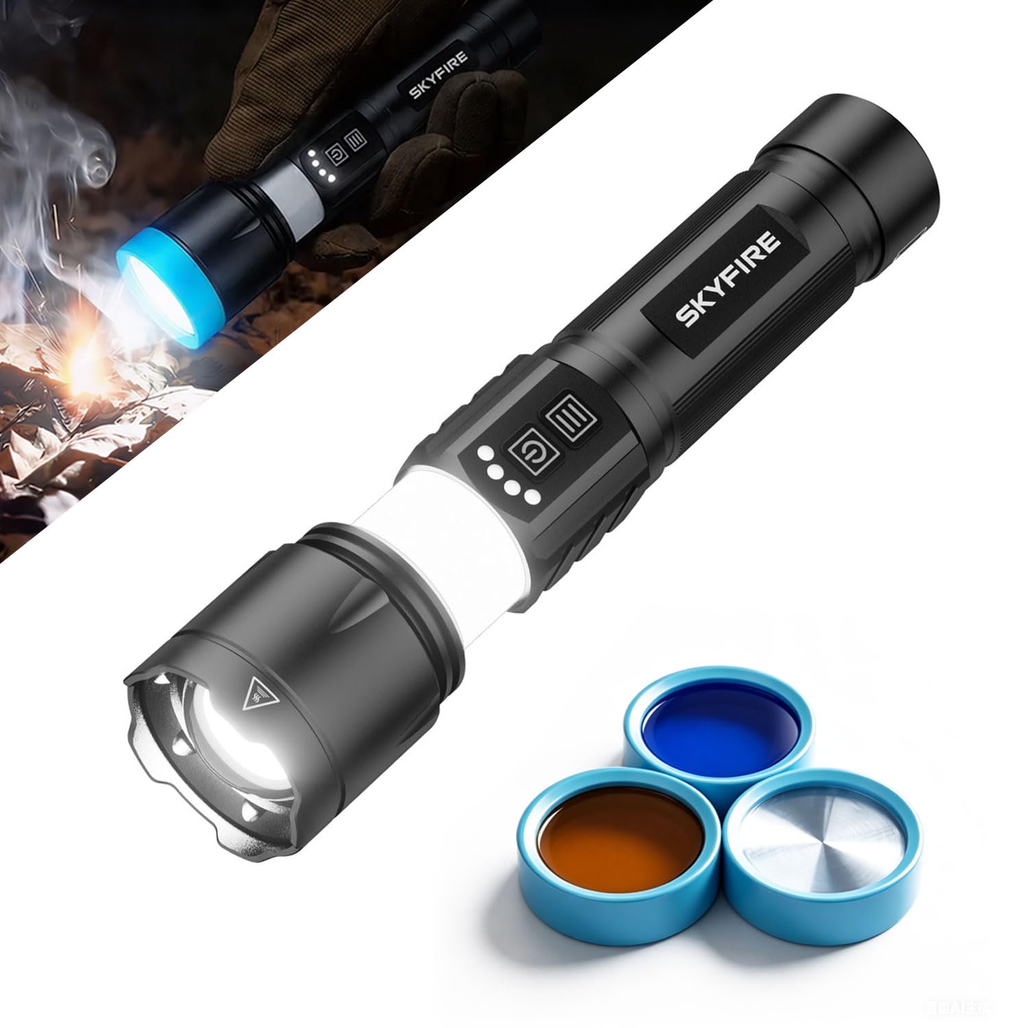 SKYFIRE 1139LM High Lumens Flashlight, 3-Color Camping Light, 2300FT Range