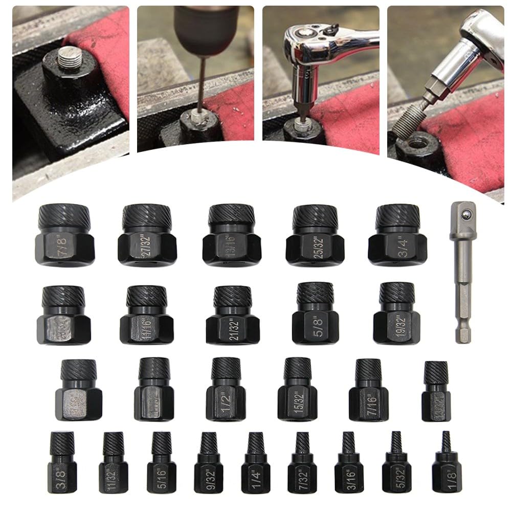 Juego de extractor de tornillos, kit de extracción de pernos, herramienta de perno roto, accionamiento 3/8, acero de alto carbono, 26 piezas para sujetadores dañados