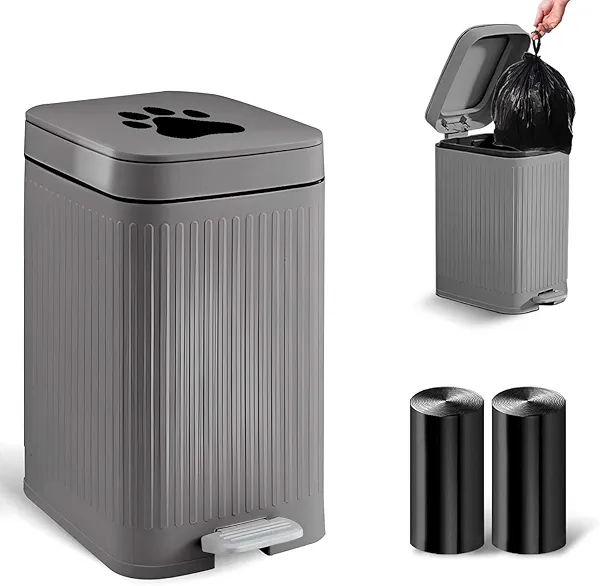 Kopuncare Dog Poop Trash Can Outside, 5L/1.3 Gal Dog Poop Bucket with Lid, Foot Pedal, Dog Waste Container with 40 Bags, Lid Soft Close for Pet, Grey