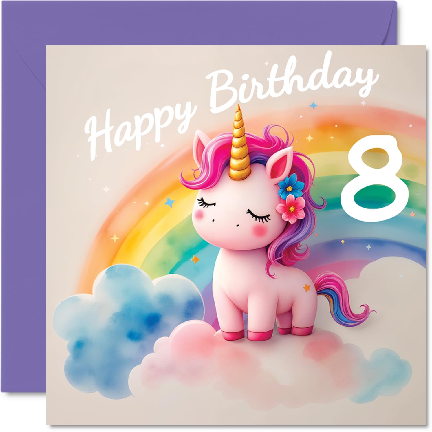 8th Birthday Cards for Girls, Unicorn in the Clouds