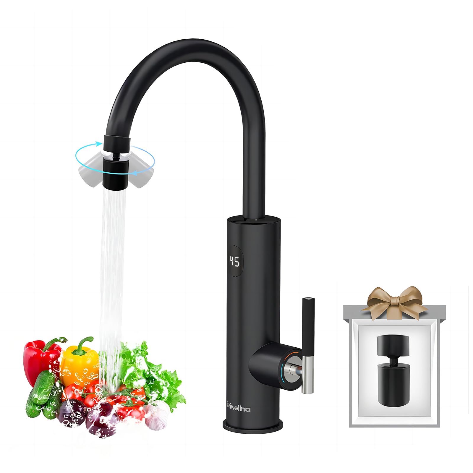 Briwellna Instant Hot Water Tap, 220V Stainless Electric Tap Universal Nozzle, Flexible and Convenient, 360 Degrees Rotate Cold and Water Heater Faucet (Black) — image 1