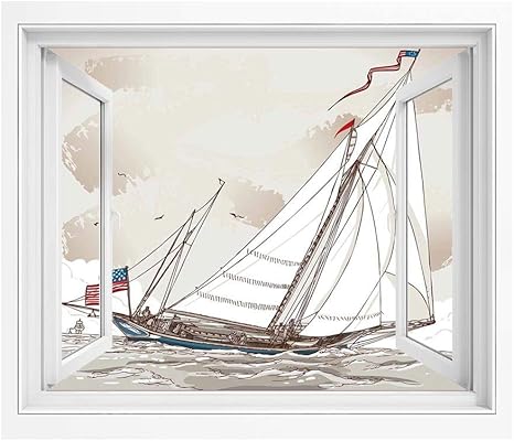 Amazon ヴィンテージ 壁紙風景画 壁飾り絵 150x1 Cm フラグオーシャン ポスター ステッカー 壁紙風景画 壁飾り絵ライトグレータンホワイトとアンティークアメリカヨットのレトロなビューのイラスト ウォールステッカー オンライン通販
