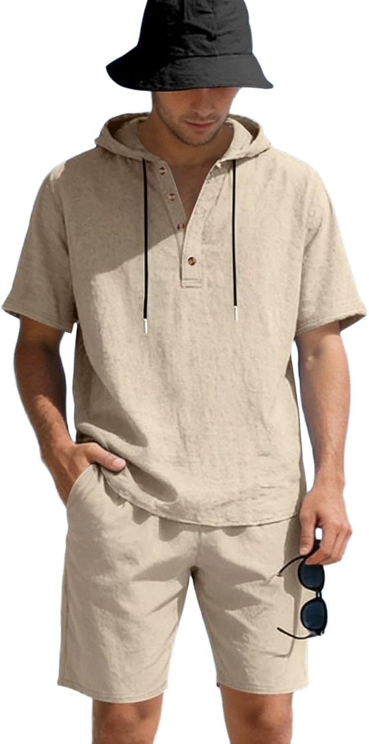 Men's Casual Outfits 2 Piece Sets Summer Linen Short Sleeve Button Down Shirt and Shorts