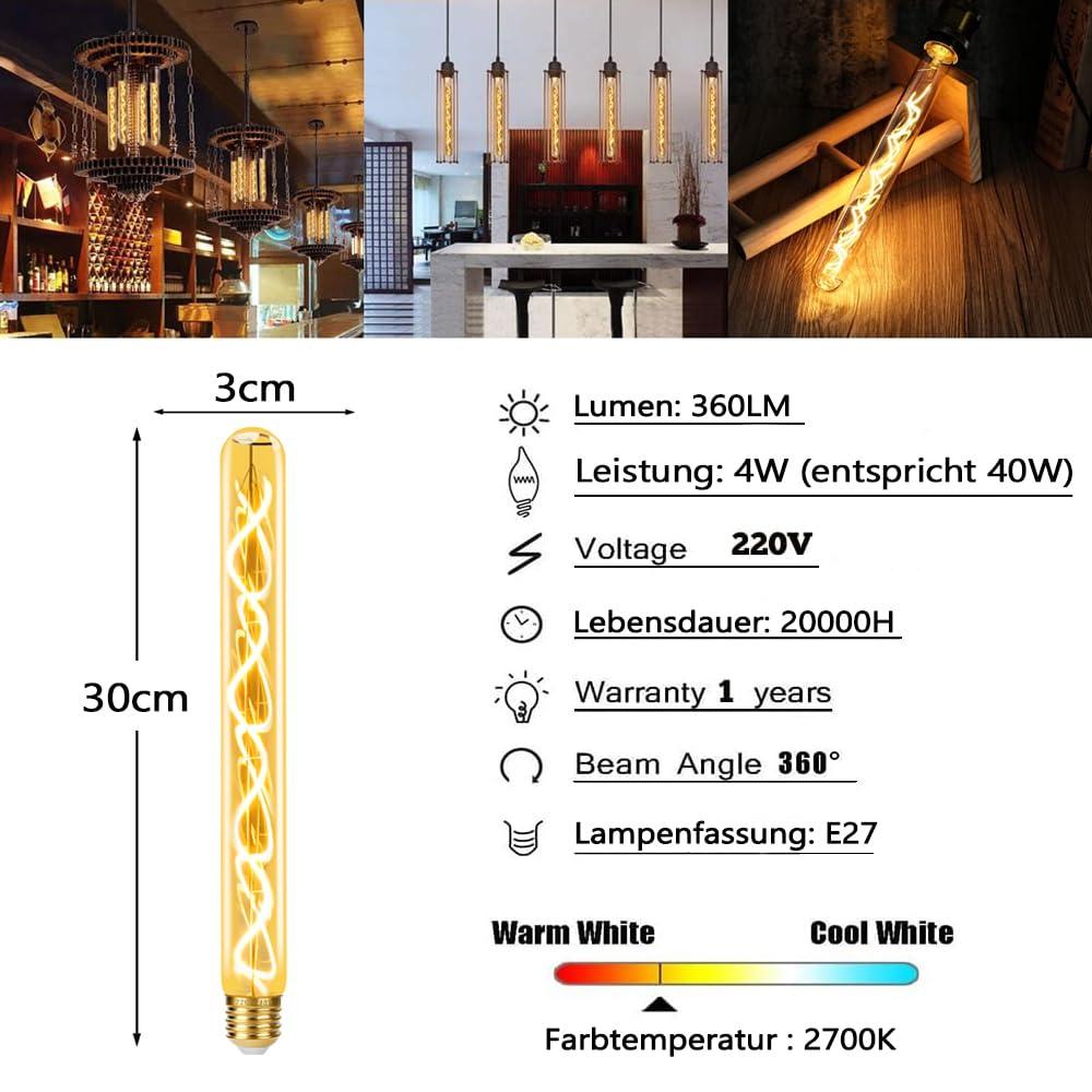 Vintage Glühbirne E27 Dimmbar, E27 LED Vintage 4W T30 300LM 2700K Retro Glühbirne in Stabform 30CM Länge LED Röhre für Industriell und Retro Beleuchtung im Familie Hotel Bar - 4 Stück