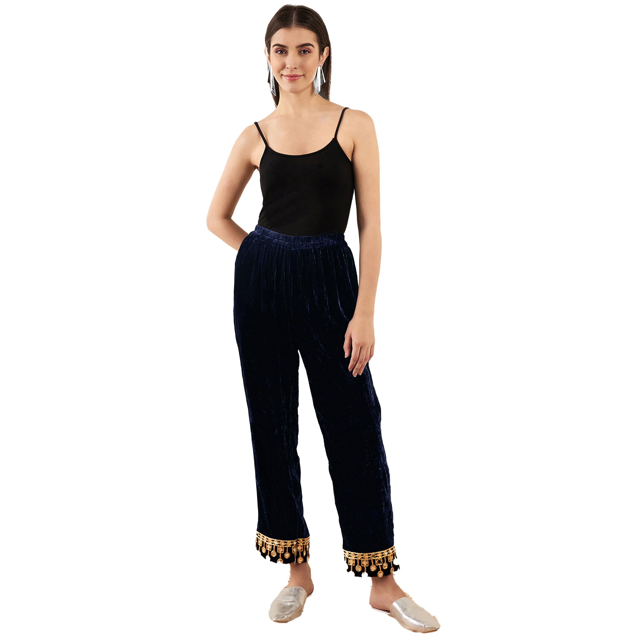 Blue Silk Velvet Straight Pants with Mirror Lace Detail-image-31