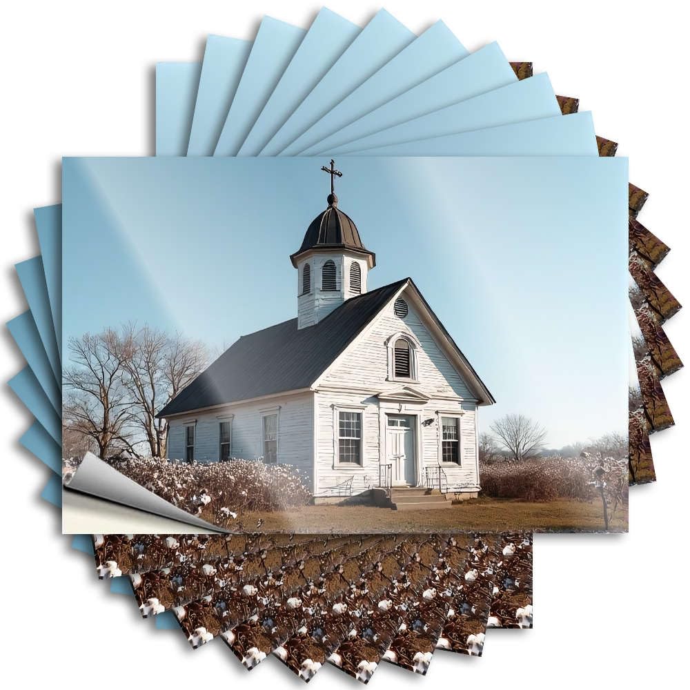 Fzfn Colour Decal Patio Decor Drinking Aesthetic Hat A Quaint White Church With A Steeple Stands Amidst A Serene Landscape. - Scratch Resistant Stickers(8X12cm)