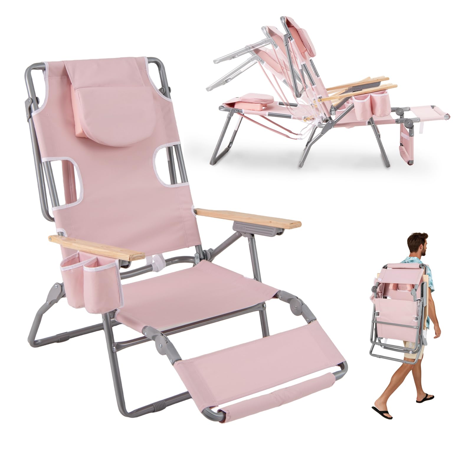 KOMFOTTEU Silla de Playa Reclinable con Agujero para Cara, Tumbona Plegable con Respaldo Ajustable de 4 Posiciones y Reposapiés de 2 Posiciones, Tumbona Jardín Exterior Baño de Sol (Rosa)