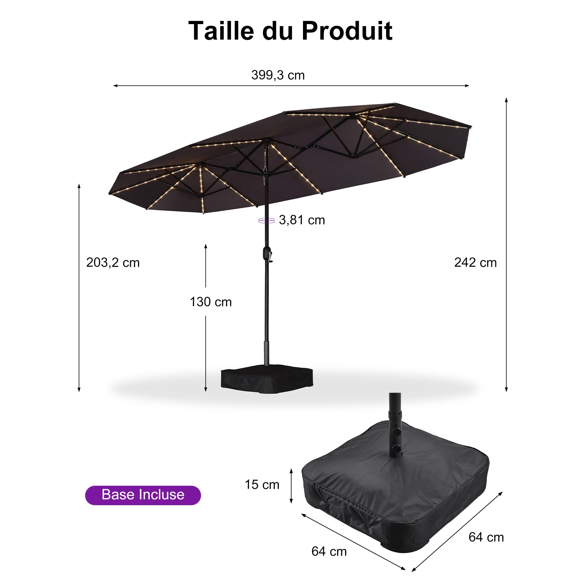 PURPLE LEAF Ombrellone da giardino esterno con piedistallo, 4,55 x 2,7 x 2,4 m, ombrellone doppio rettangolare con alluminio, manovella per balcone, terrazza patio