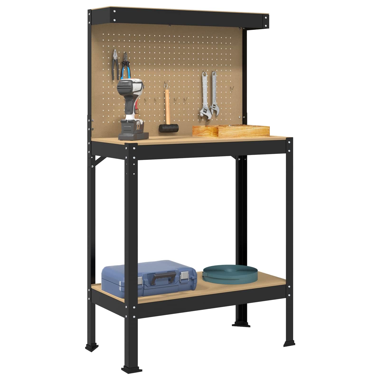 Banco de trabajo estable de madera y metal para taller y garaje con almacenamiento, pared perforada y cajón en color negro, 81 x 41 x 145 cm