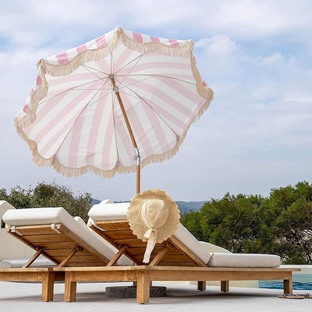 Sombrilla de playa de 6.5 pies con borlas blancas, sombrilla bohemia para patio, piscina al aire libre, jardín, mercado, inclinación de 180°