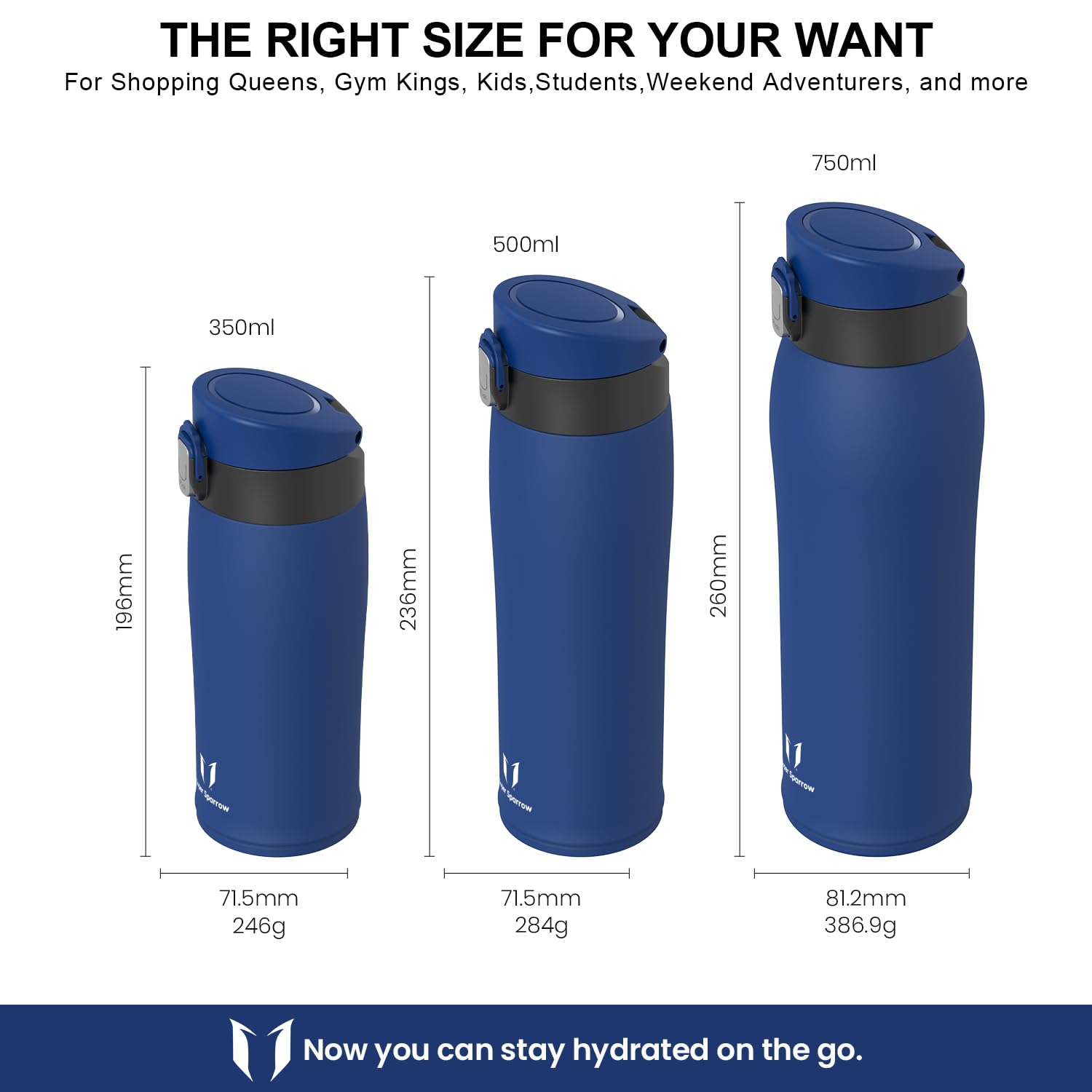 Super Sparrow Borraccia Termica, Acciaio Inox Bottiglia Termica - 350ml, 500ml, 750ml, 950ml - Senza BPA Tazza Termica, Borraccia Termica per Bambini, Scuola, Sportiva, Bici, Campeggio, Palestra