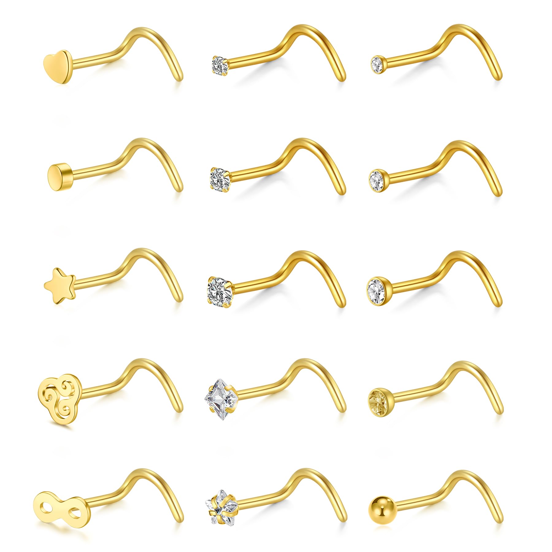 WillTen 20G Nose Studs L Shape Women Nose Studs Colorful Diamond CZ Silver Stainless Steel Heart Start Piercing Jewelry — view 12
