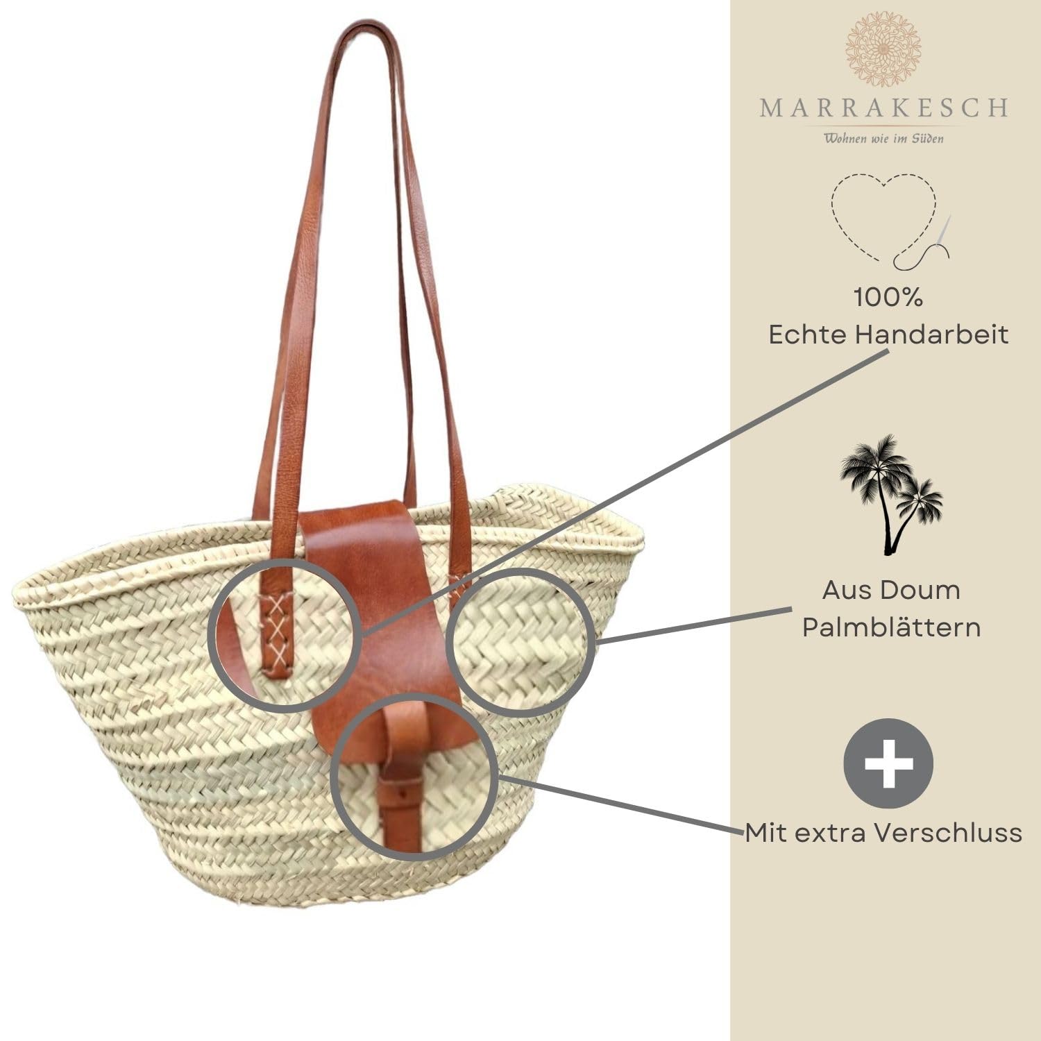 Ibiza Korbtasche Solana modern aus Palmblatt und Leder in Natur 50 cm