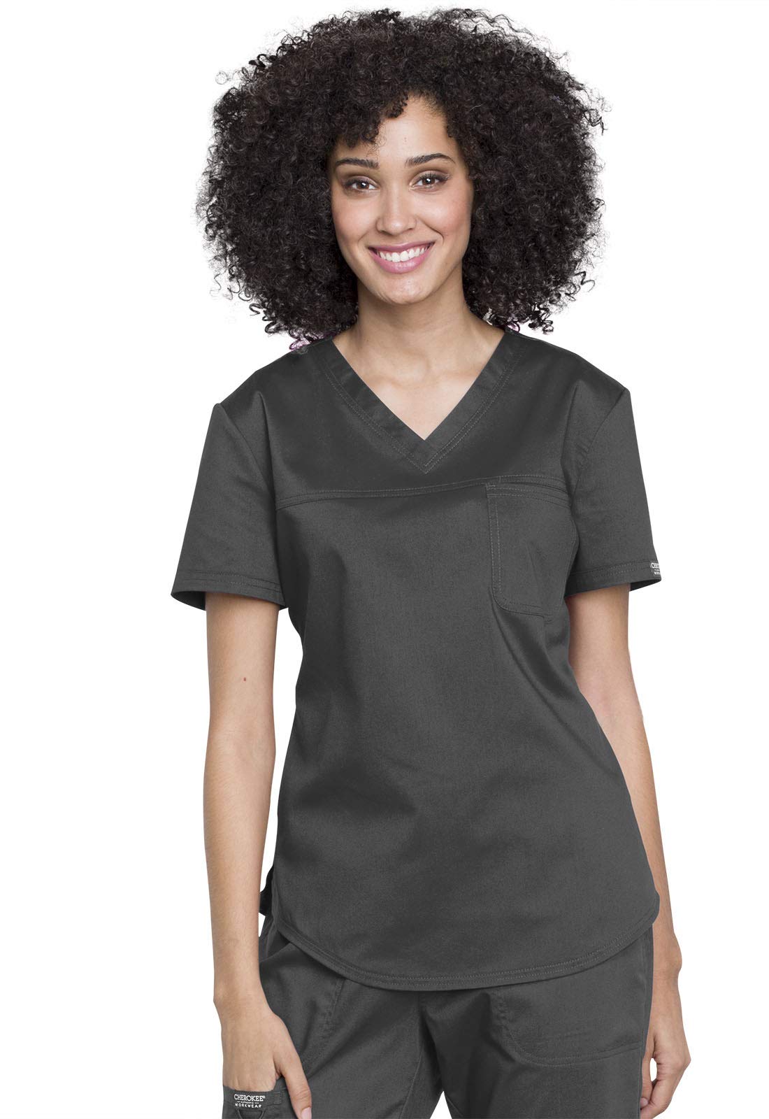 Cherokee WW657 - Conjunto de ropa quirúrgica para mujer con cuello en V y pantalón médico de tiro medio con cordón de pierna cónica WW105, peltre- XS Top/XS