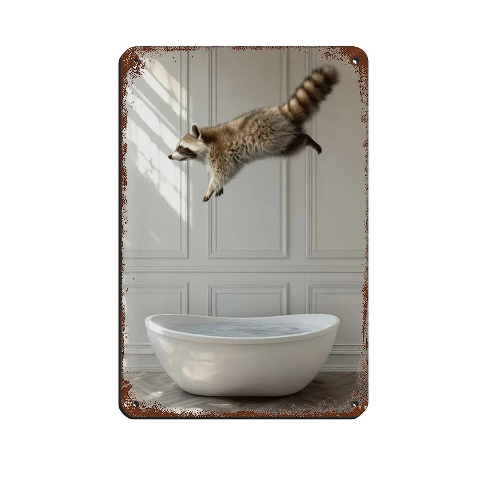 Raccoon Jumping Into Bathtub, Funny Bathroom Art Tin Sign Vintage Metal Pub Club Cafe Bar Home Wall Art Decoration Poster Retro 8x12inch(20x30cm)