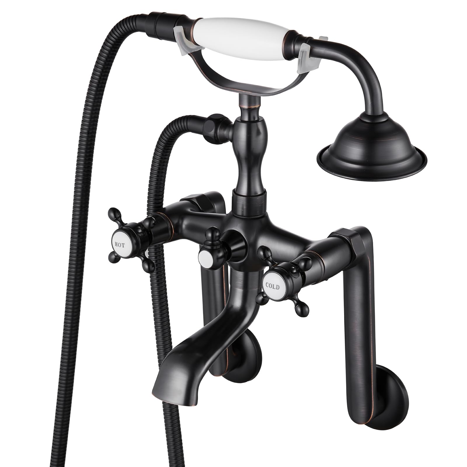 gotonovo Clawfoot Bathtub Faucet Tub Filler with Hand Held Shower Faucet Set Victorian Double Cross Handle 6 Inch Center Adjustable Swing Arms Tub Mount Long Adapter Oil Rubbed Bronze