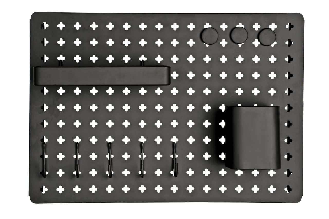 WENKO Memoboard Schreibtisch Organizer Schwarz | Wandorganizer für Küche, Büro, Flur | Lochplatte Metall Set 3 Magneten, 5 Haken, 2 Behälter