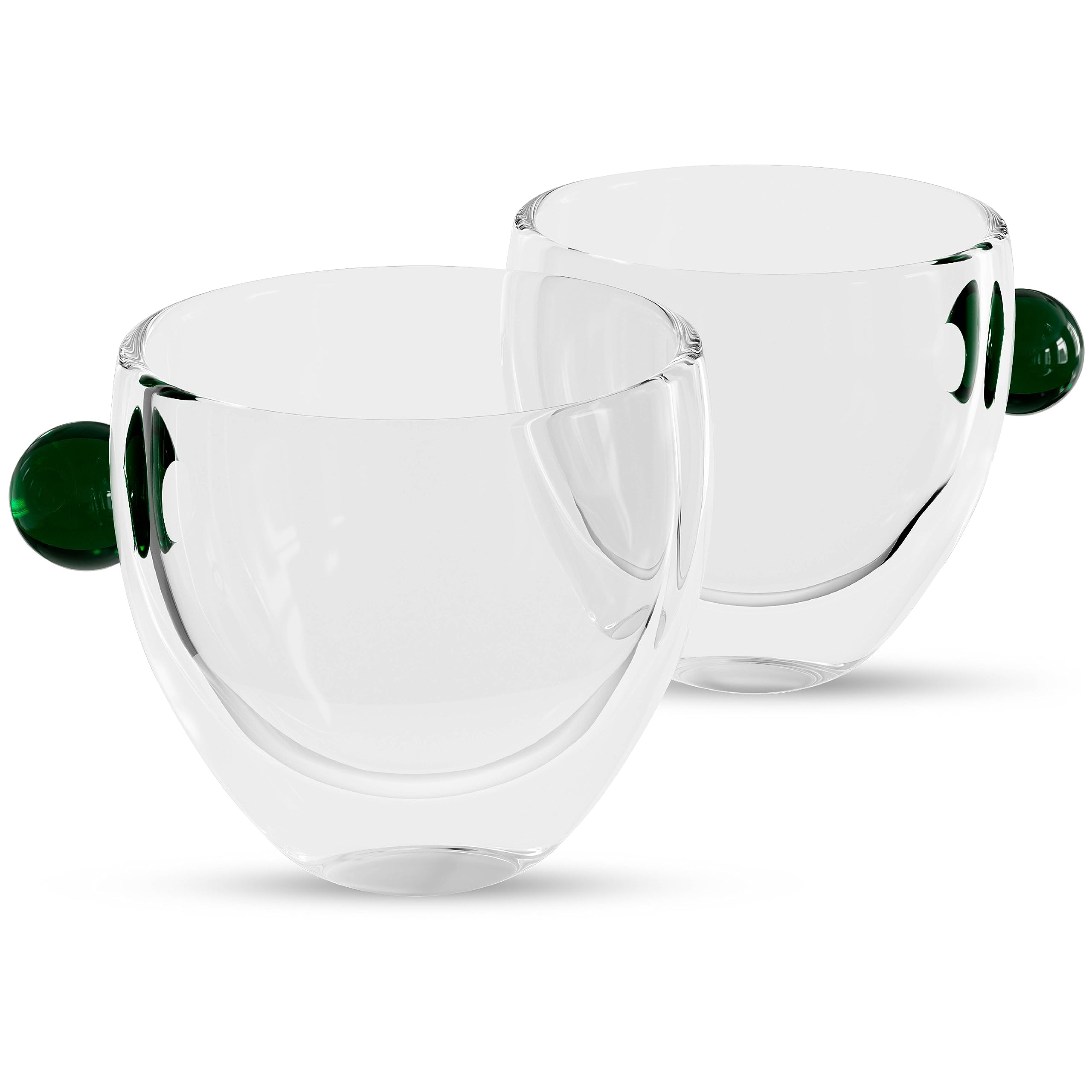 elle decor Double Wall Glass Coffee Mugs with Colored Handle | Set of 2 | 9-Oz Wide Mouth Glass Mugs for Office Bar Party, or Gift | 3.54” x 3.35” Insulated Latte Mugs (Green)
