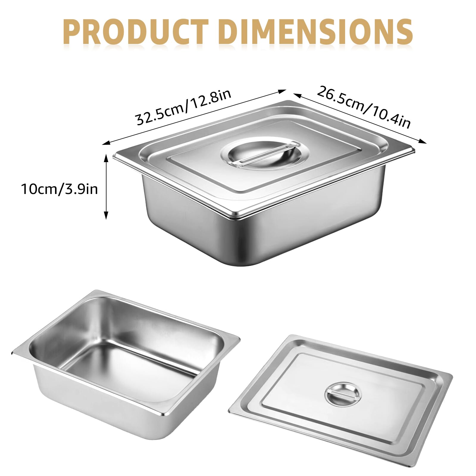 8 contenitori GN 1/2, in acciaio inox con coperchio, contenitore per alimenti, 32,5 x 26,5 x 10 cm, resistente al calore, impilabile, per alimenti, torte, hotel