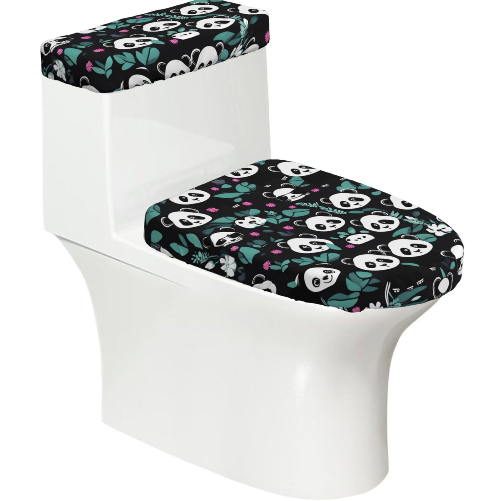 Panda Cute face Elastic Toilet Cover Set of 2-Stretchy Lid and Tank Covers for Bathroom, Soft Washable U Shape Toilet Decor