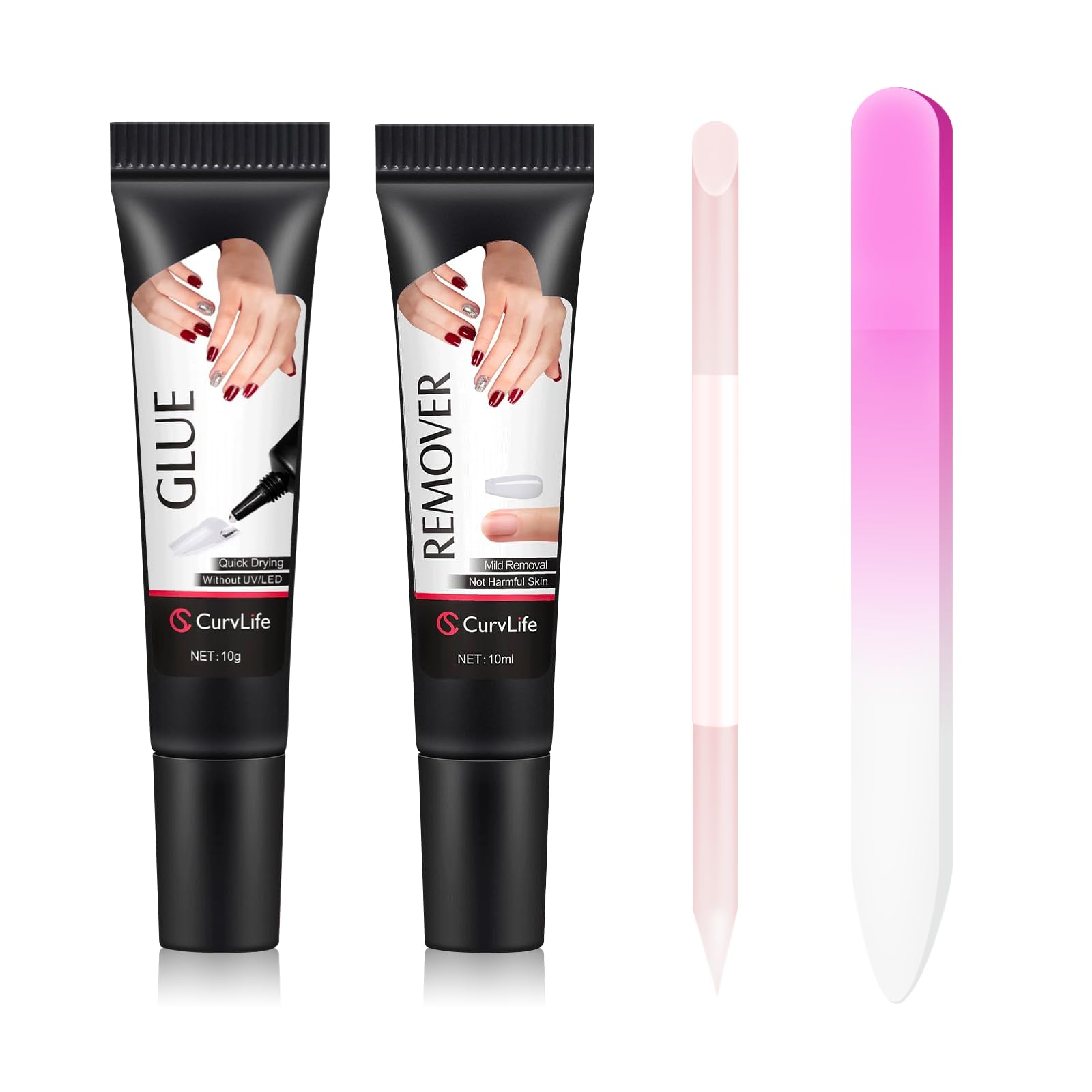 Curvlife 10g Semi Solid Nail Glue and 10ml Nail Glue Remover Kit for Press On Nails - 4pc Professional Set with Czech Glass File & Cuticle Pusher for Flawless Application & Removal