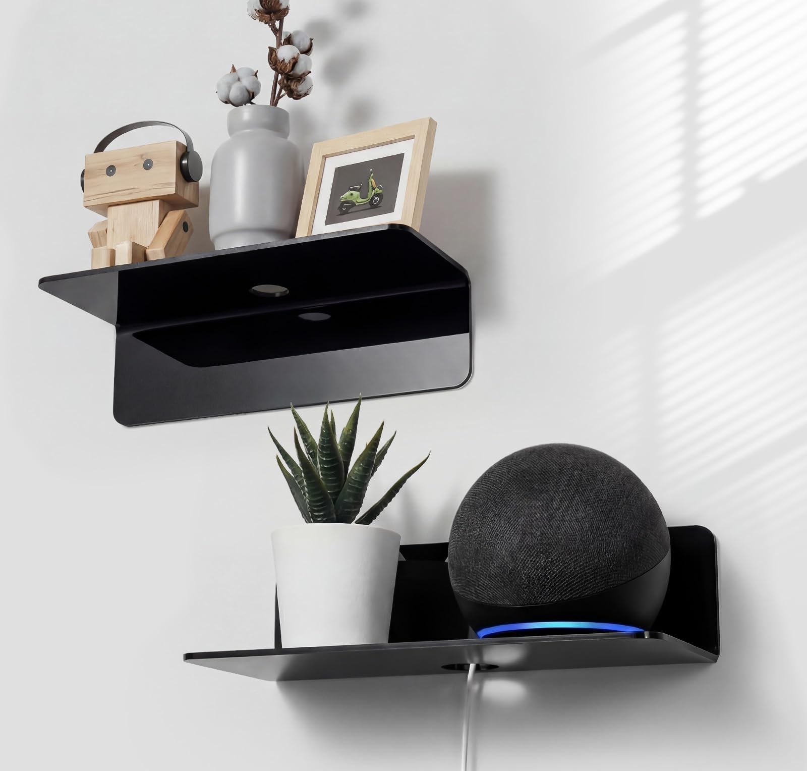 Acrylic Floating Wall Shelves Set of 2, Damage-Free Expand Wall Space, Small Display Shelf for Smart Speaker/Action Figures with Cable Clips