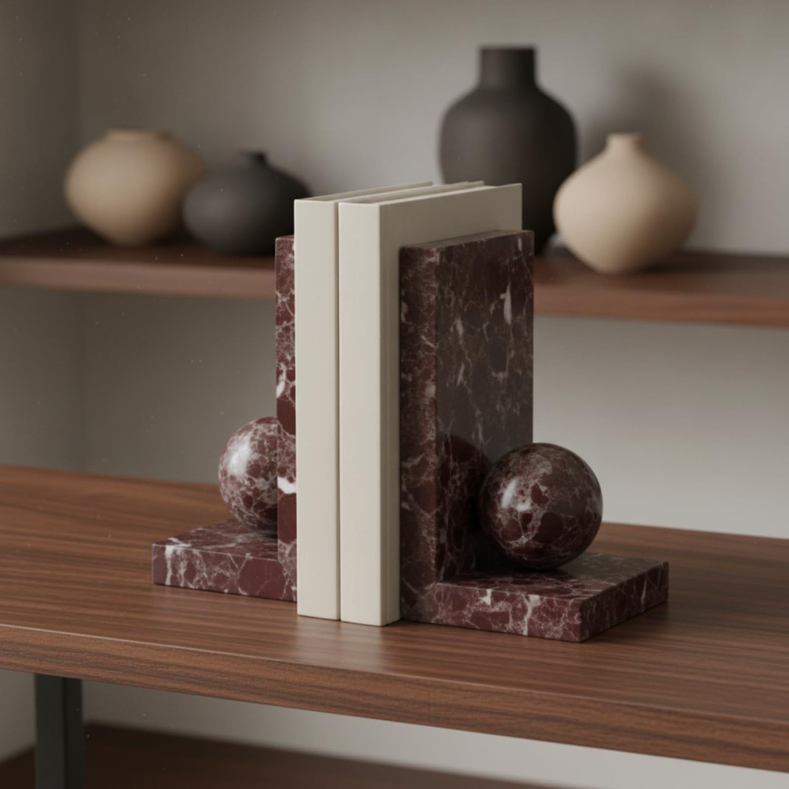 Fermalibri in Marmo Staffe Libri Rettangolari con Palla Ornamentale Struttura Stabile Aspetto Contemporaneo Adatti a Soggiorno Postazione Lavoro Libreria Vetrinetta 90x90x150mm