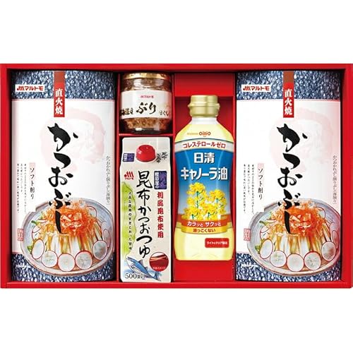 冬の贈り物お歳暮 バラエティギフト マルトモ 直火焼ソフトパック(2.5g×7袋)×2、昆布かつおつゆ(500ml)・日清キャノーラ油(350g)・北海道産ぶりほぐし(50g)×各1