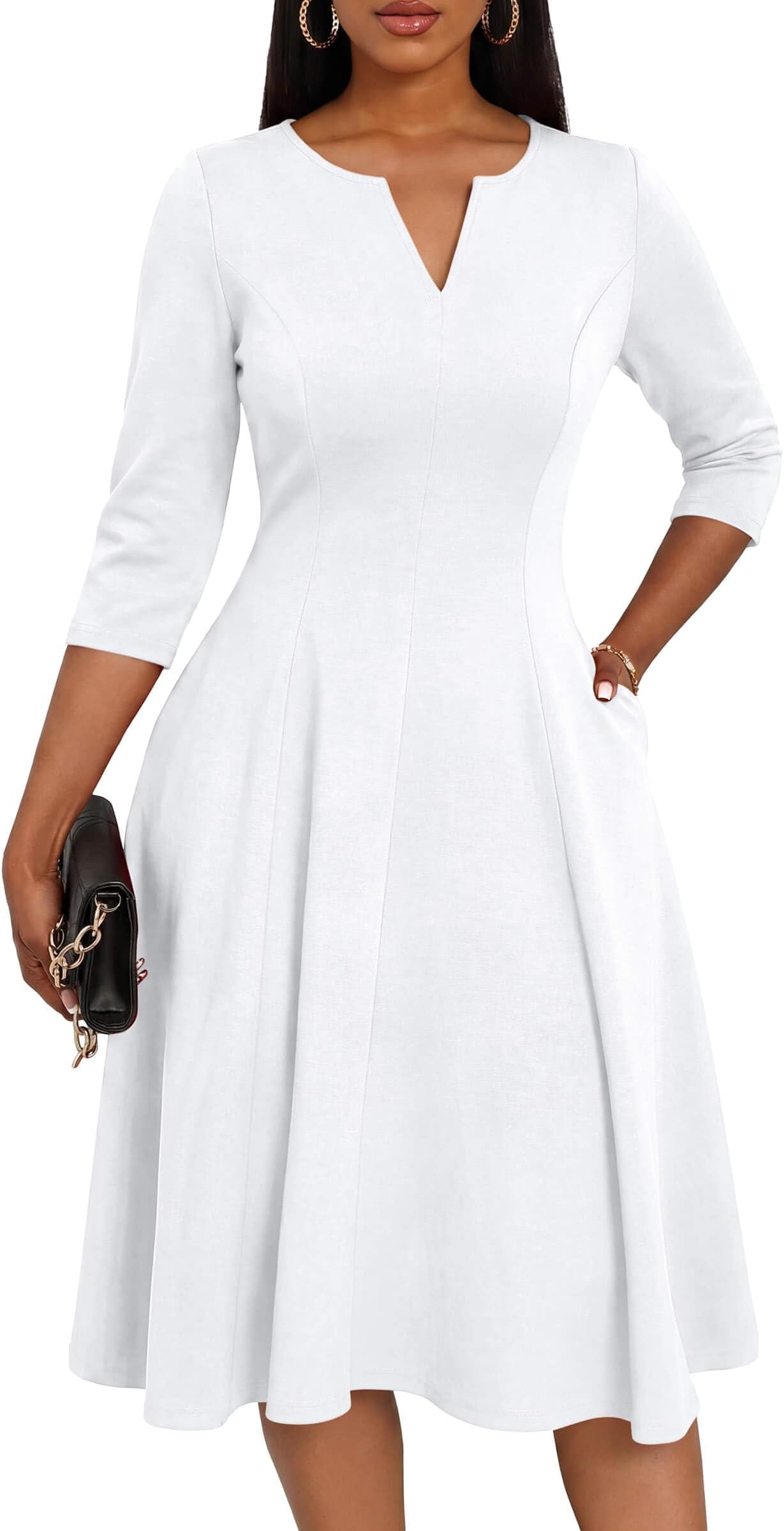 Midi Dresses for Women A-Line Fit and Flare Dress 3/4 Sleeve V Neck Cocktail Wedding Guest Work Dress with Pockets