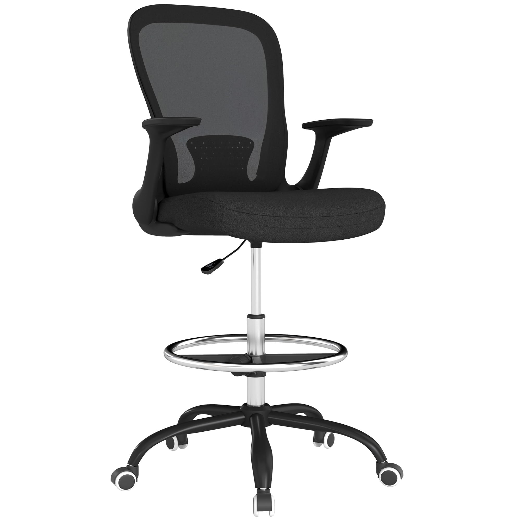 HOMCOM Drafting Chair, Ergonomic High Office Chair with Flip-up Armrest, Mesh Back, Lumbar Support, Adjustable Foot Ring, Swivel Wheels, for Standing Desk, Black