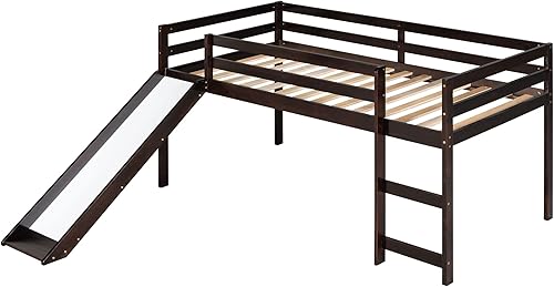 Miniatura 9 de Harper & Bright Designs Cama alta baja para niños con tobogán, marco de cama de madera de tamaño individual, color espresso