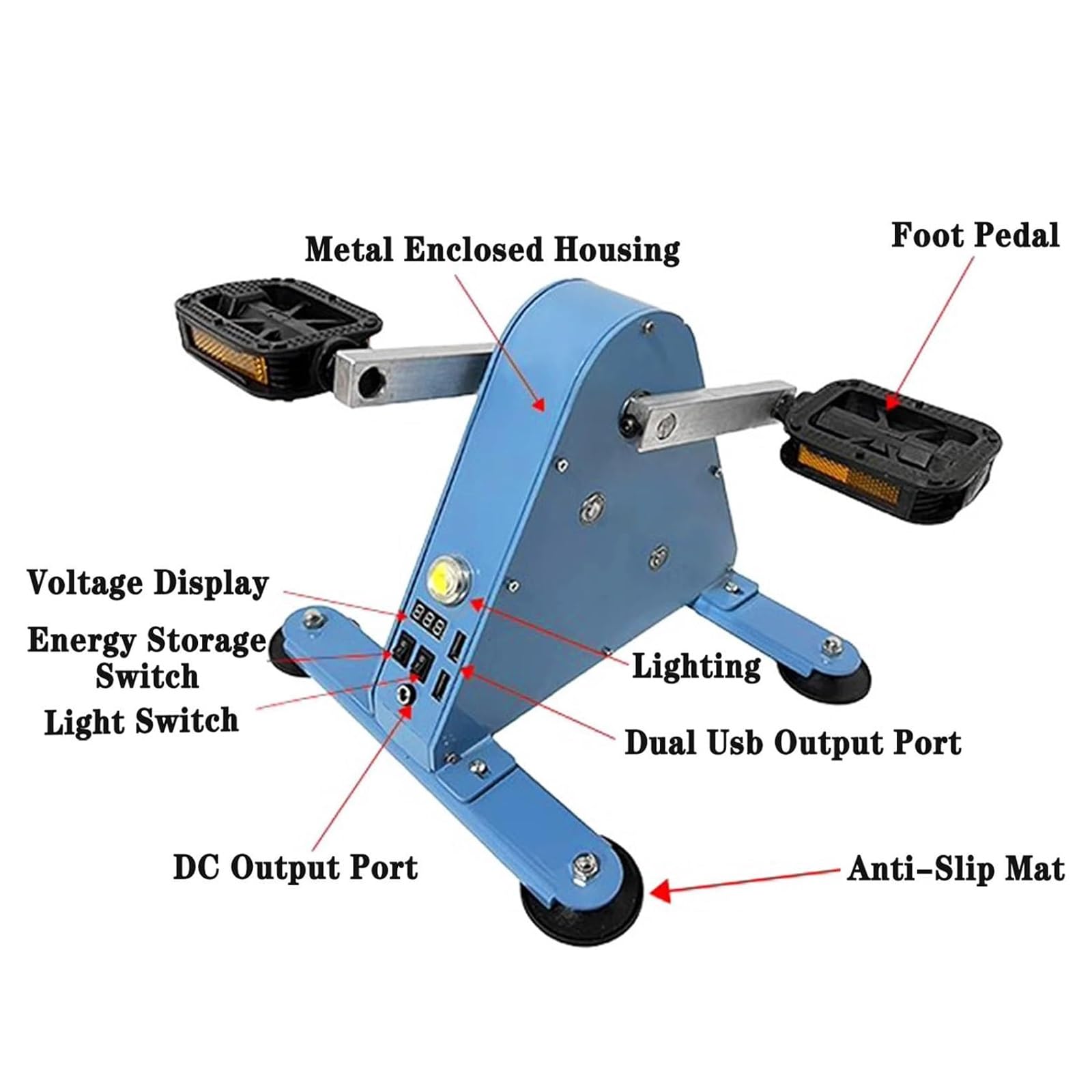 Generator prądu, generator awaryjny z 2 portami ładowania USB, przenośny zasilacz do roweru treningowego 100 W, oświetlenie LED do użytku na zewnątrz