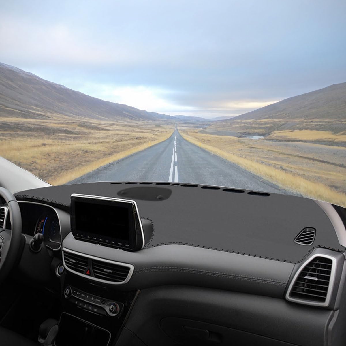 Rifoda Dash Cover Mat Fit for Hyundai Tucson 2019 2020 2021 (with Audio Hole) Leather Material Anti-Skid Center Console Dashboard UV Rays Protector Sunshade No Glare Cover pad Black Stitching