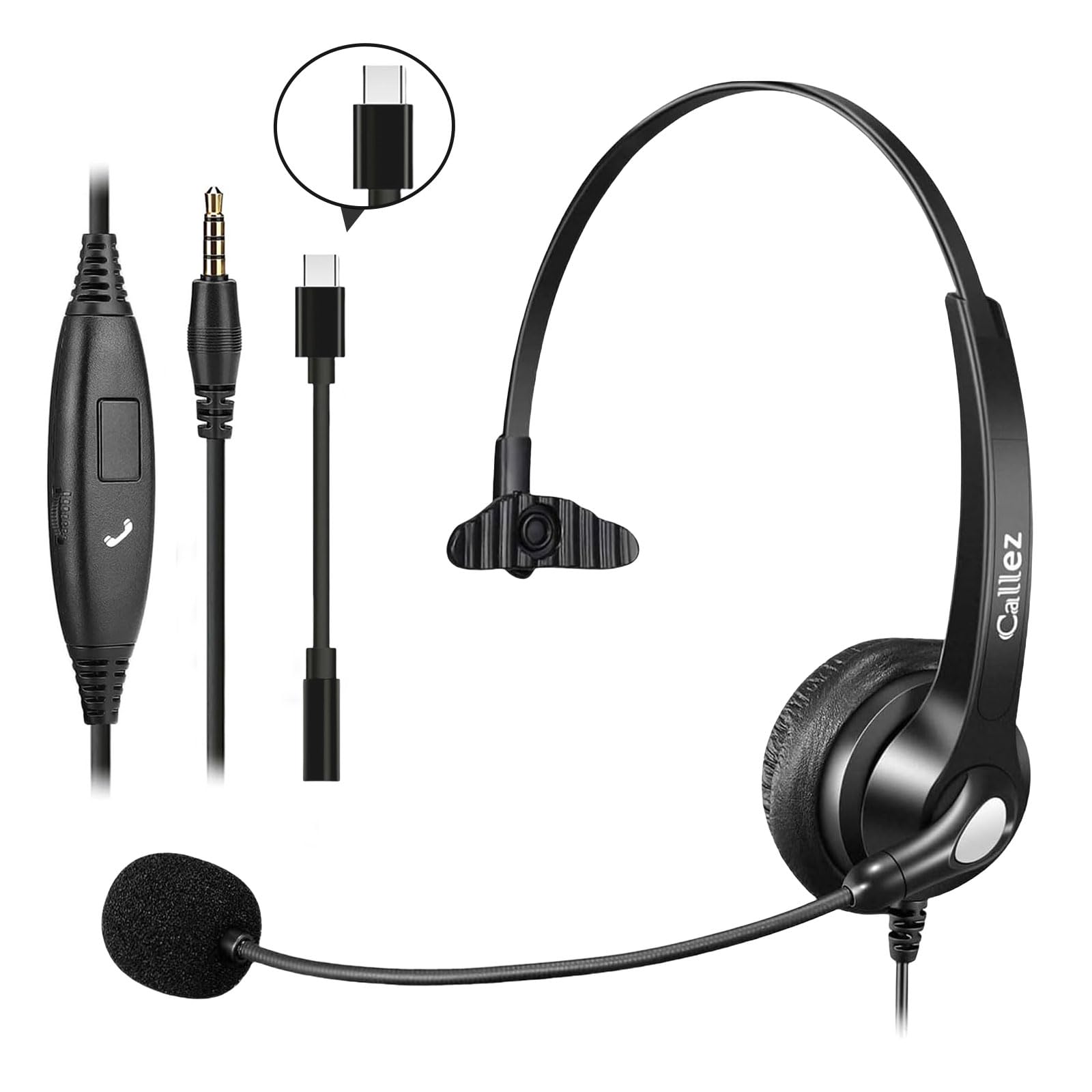 Callez Wired Computer Headset, 3.5mm Cell Phone Headset with Mic Noise Cancelling, USB-C Headphone for PC Laptop Mac iPhone Samsung Zoom Teams Call