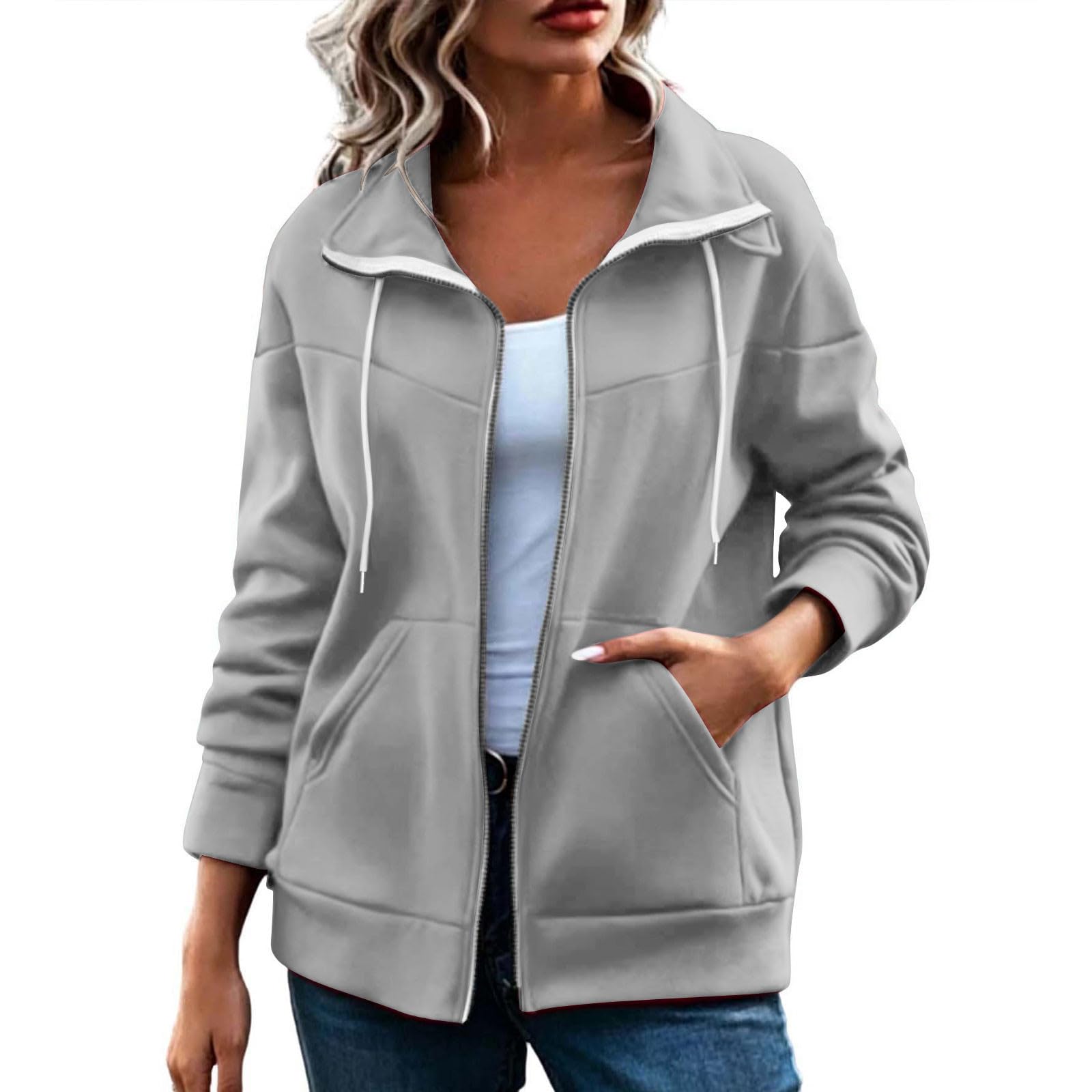 Veste Sweat Femme Zip Intégral Poches Col à Revers Manches Longues uni