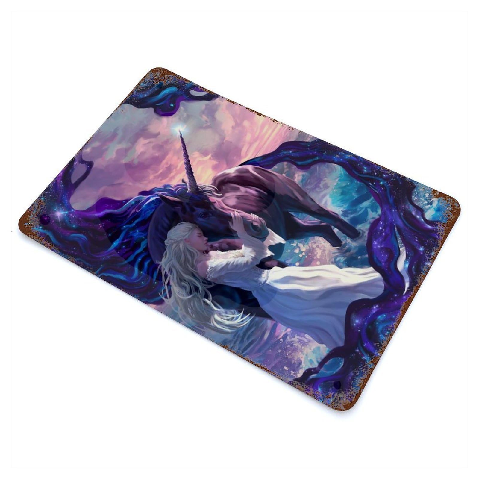 Decorative Tin Sign Night Unicorn And Woman 11.8"x7.9", Novelty Wall Decor for Shed, Workshop And Garage Wall Decor