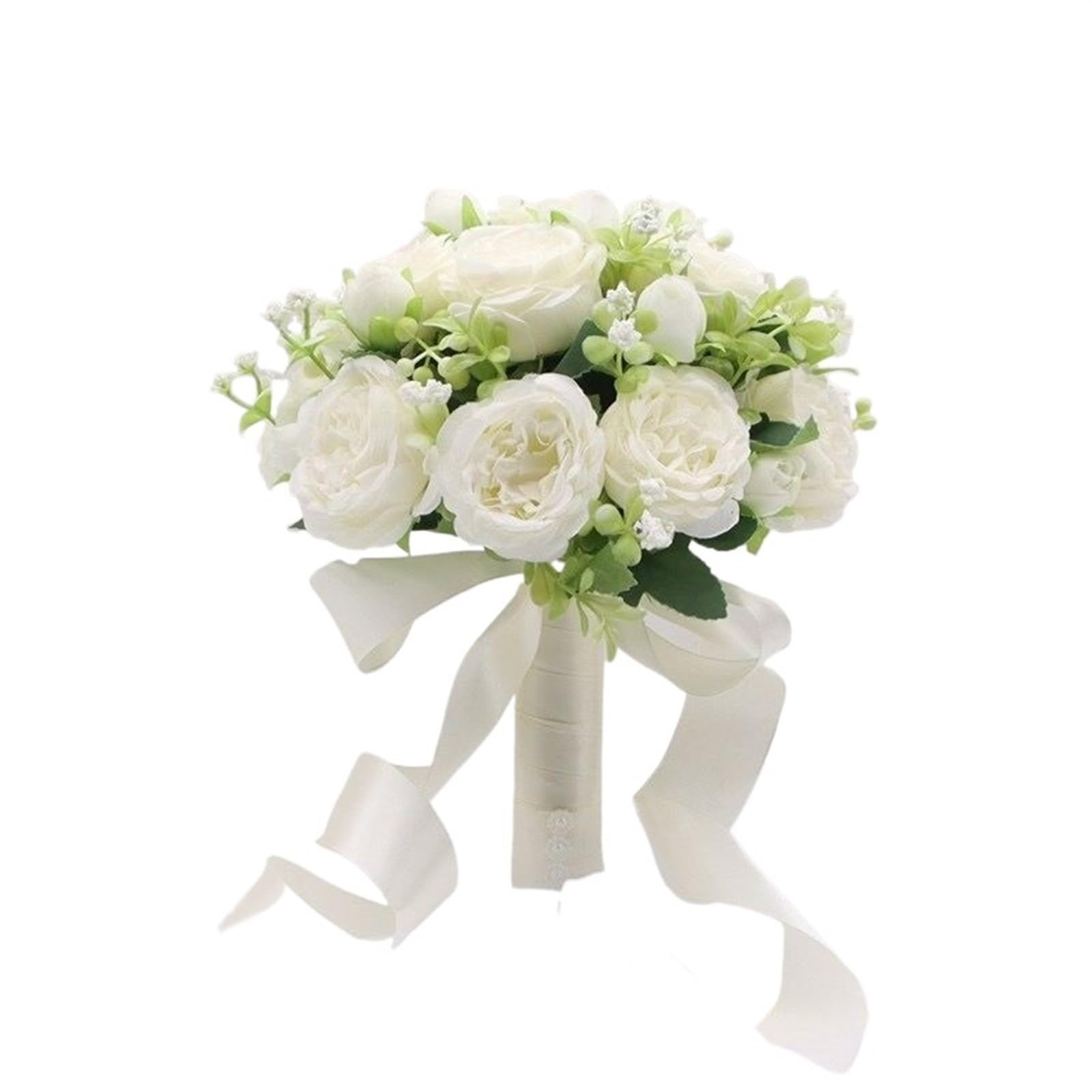 ZGCrumphant Artificial Wedding Bouquet Holding Flowers Artificial Rose Wedding Bouquet with Silk Satin Ribbon Bridesmaid Bridal Party(White B)
