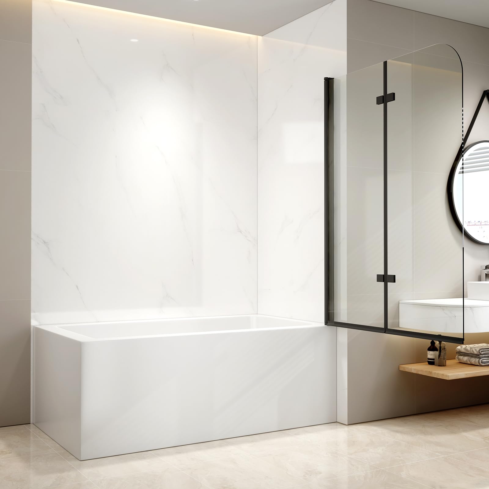 EMKE Mampara de bañera plegable 100x140cm,2 hojas pivotantes, Borde negro | mampara bañera de cristal de seguridad de 6 mm, Giratorio 180°,style industriel,Revestimiento nano fácil de limpiar