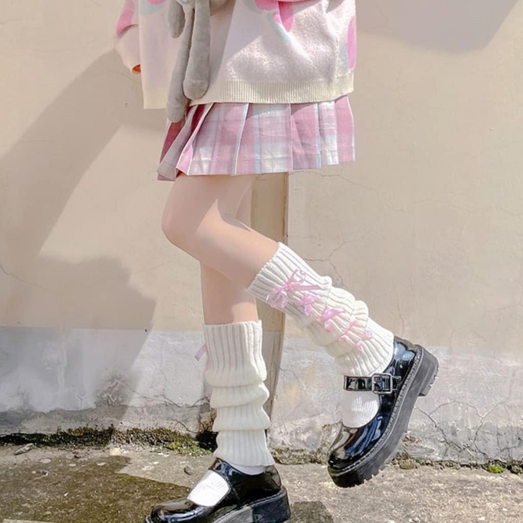 Women Ribbed Knit Leg Warmers Sweet Bowknot Boot Socks Foot