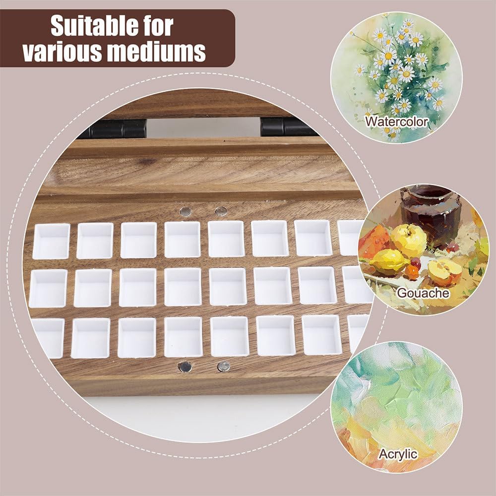 TsoLay 24 Gitter Mini Holz, Aquarell-Palette aus Walnussholz mit Deckel, Tragbare Holzkiste, Faltbar mit Mehreren Vertiefungen für Aquarellmaler, Künstler, Anfänger und Kinder