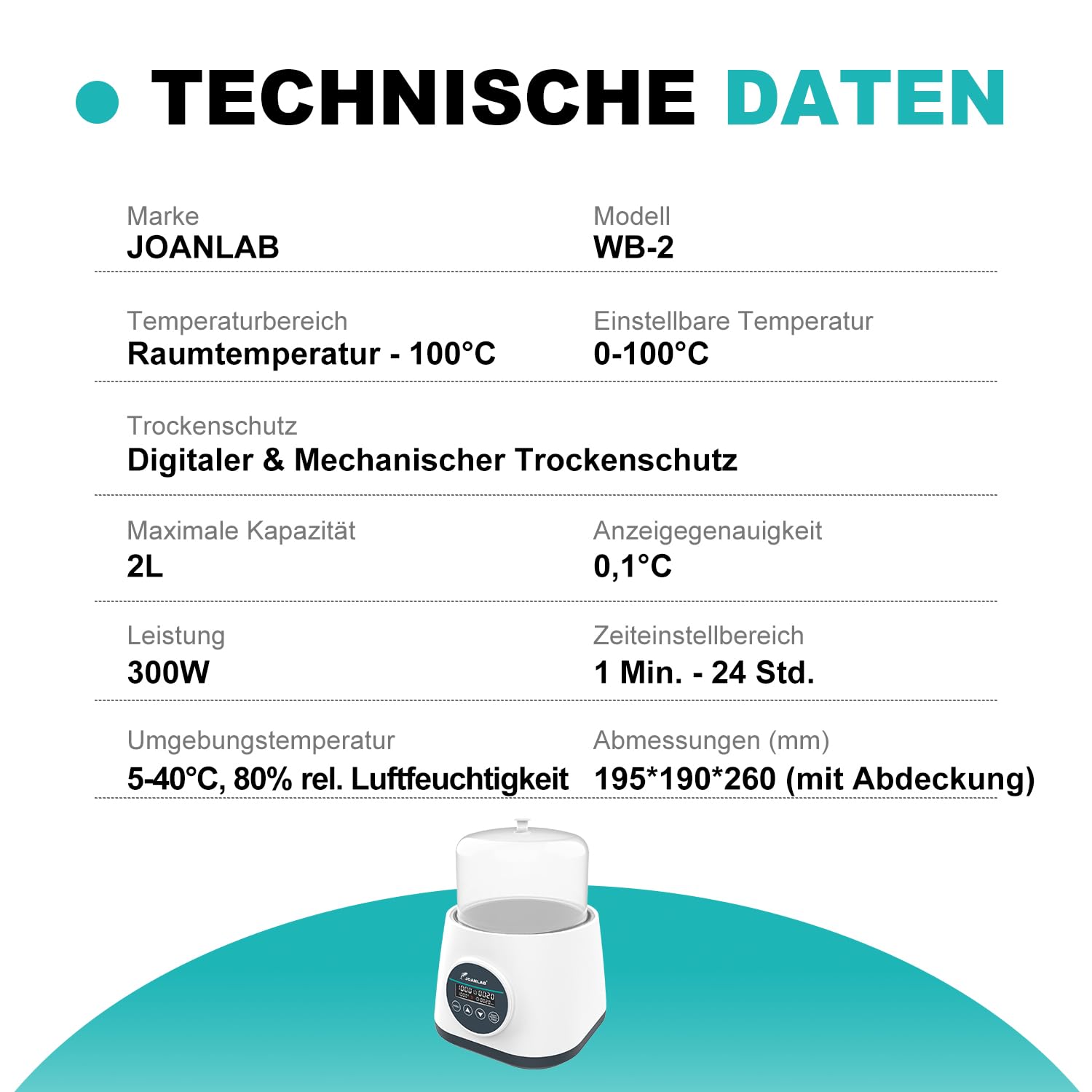 JOANLAB 2L Labor-Wasserbad mit Digitalanzeige, Präzisionsheizung 100°C, Edelstahl-Wanne mit Timer & Doppelschutz, Klarsichtdeckel für Laboratorien(WB-2S)