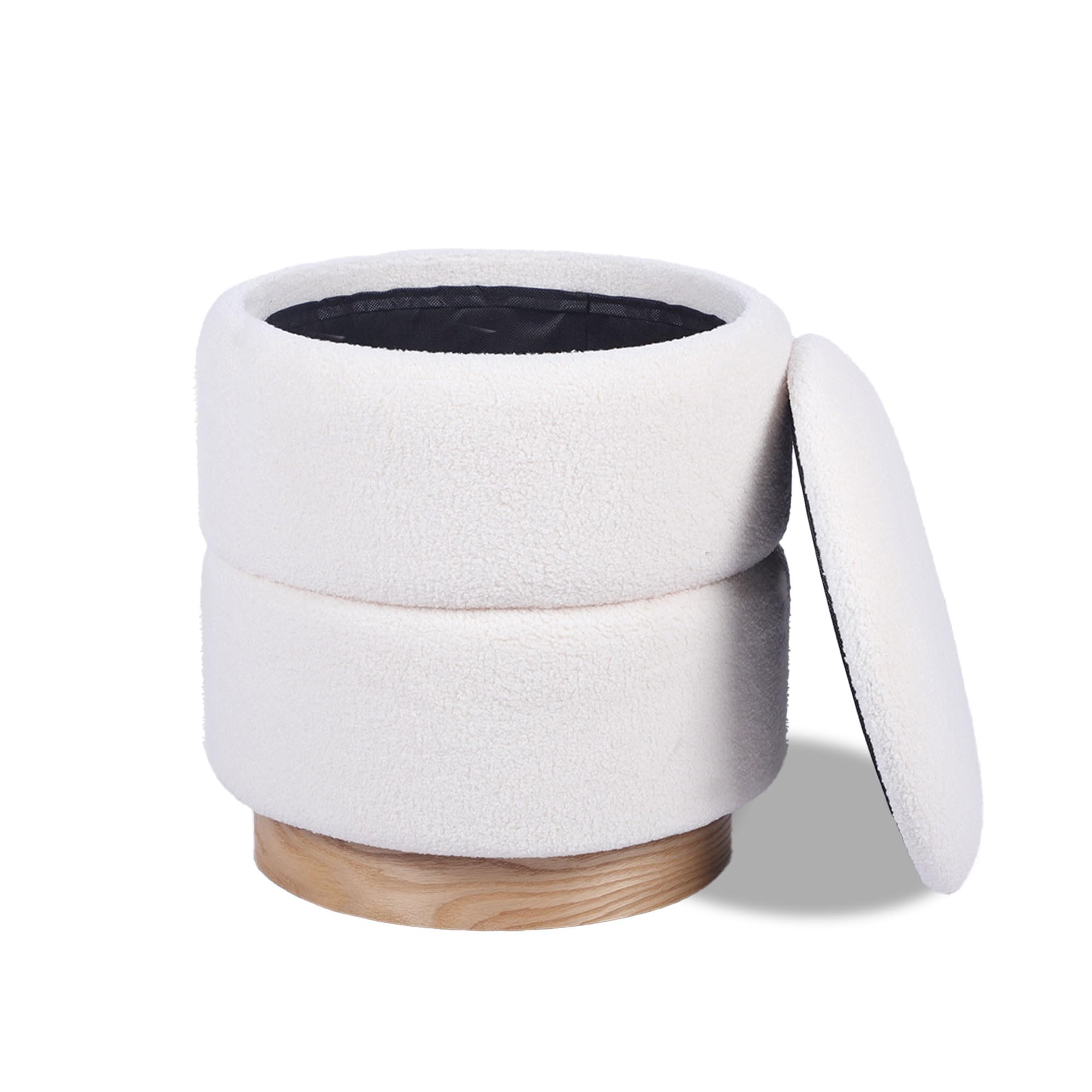 Pouf Coffre ROMÉO en Tissu Bouclette Blanc – Tabouret de Rangement Style Scandinave et Art Déco avec Base Bois Apparente – Pouf Rigide Chic et Pratique pour Salon ou Chambre – 37 x 37 x 42 cm
