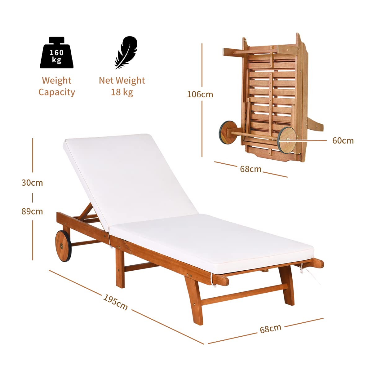 GIANTEX Sonnenliege Klappbar, Mobile Gartenliege mit Rollen, Liegestuhl mit Verstellbarer Rückenlehne, inkl. Kissen, Relaxliege Strandliege Massivholz bis 160 kg belastbar, Liege Garten (Holz)