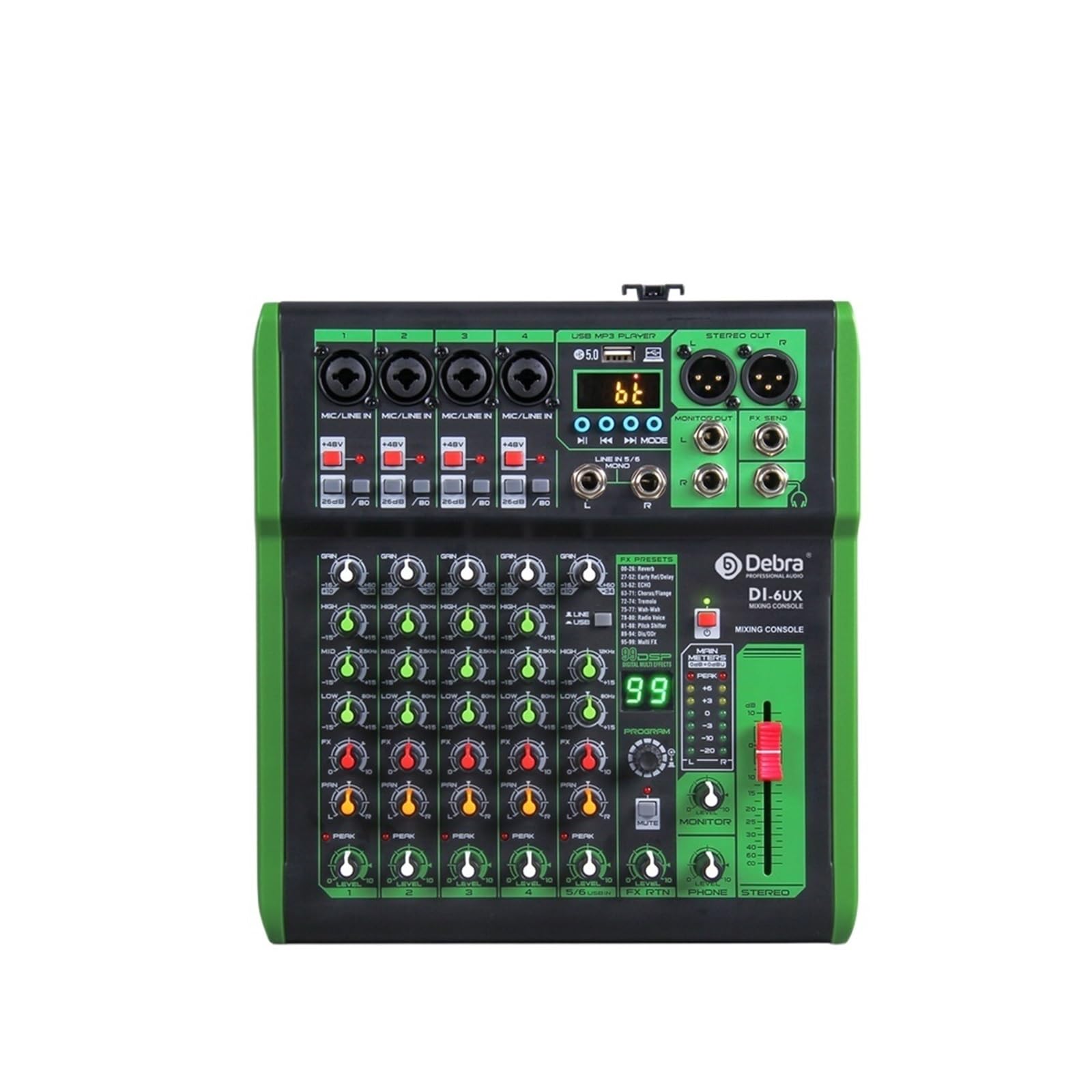 Consola mezcladora DJ con efecto digital 99DSP, alimentación Phantom de 48 V, USB, MP3 for grabación en PC,Portátil(DI-6UX 6 Channels)